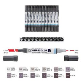LGM-B8 Twin Tip Zig Kurecolor Marker Pens 12 Cool Grey Colours